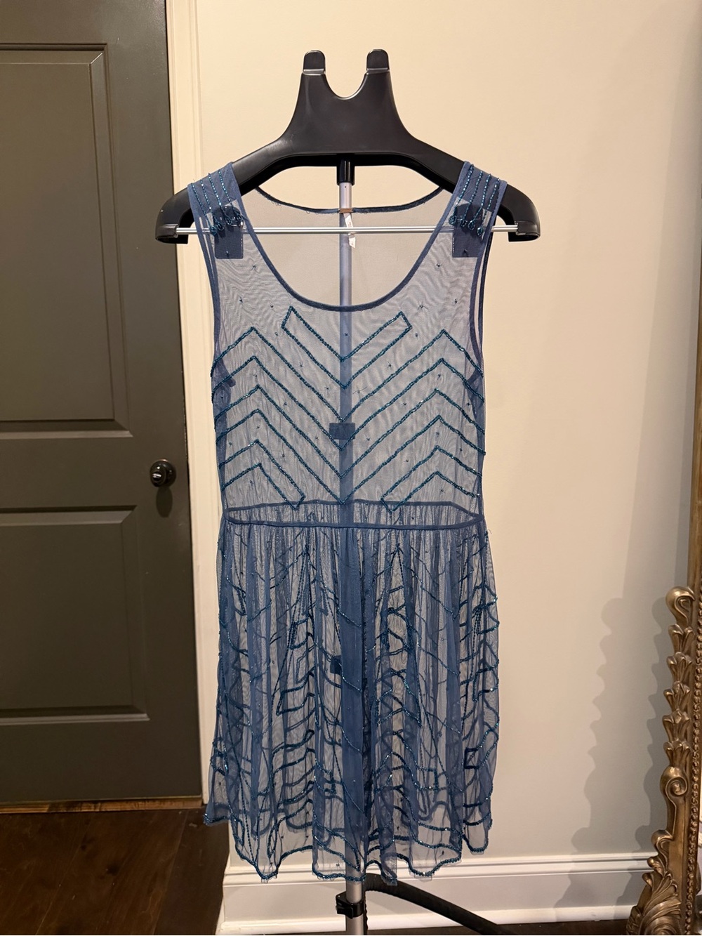 Free People Blue Sheer Beaded Embroidered Mini Dress XS